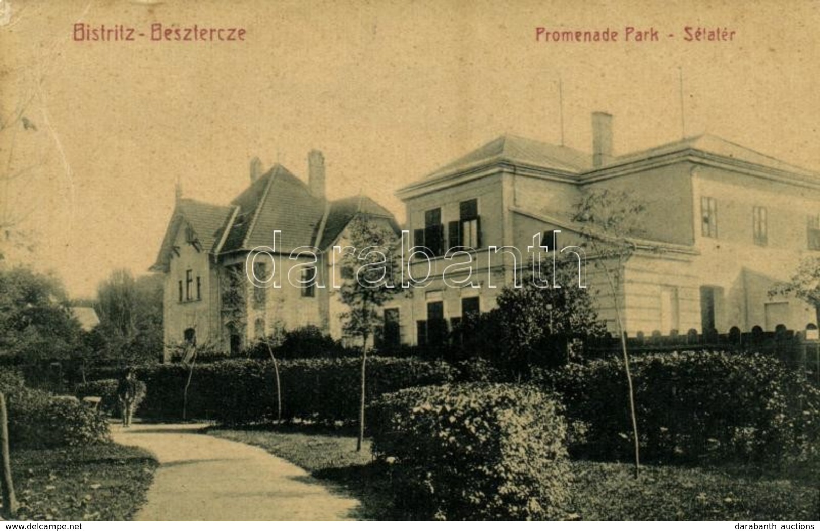 * T2/T3 1908 Beszterce, Bistritz, Bistrita; Promenade Park / Sétatér, Nyaraló. W. L. (?) No. 404. Kiadja M. Haupt / Prom - Ohne Zuordnung