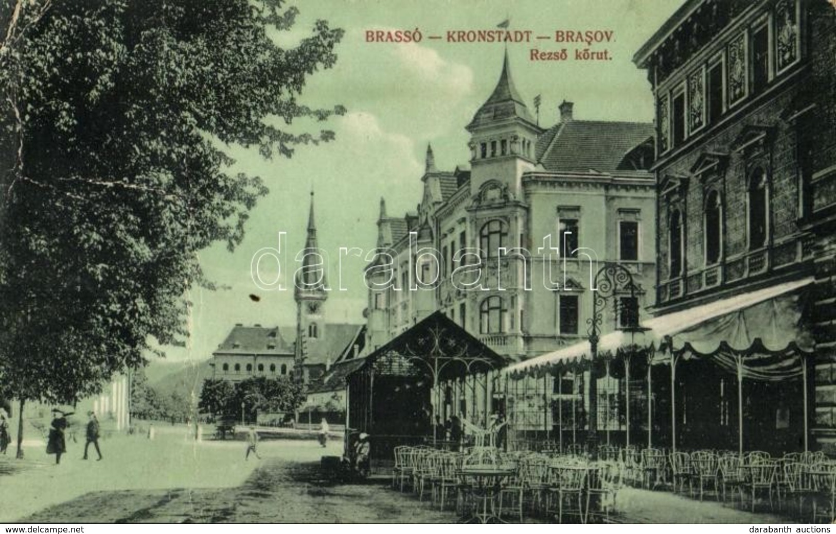 T3 1916 Brassó, Kronstadt, Brasov; Rezső Körút, Kávéház Terasza / Street View, Café Terrace (fa) - Unclassified