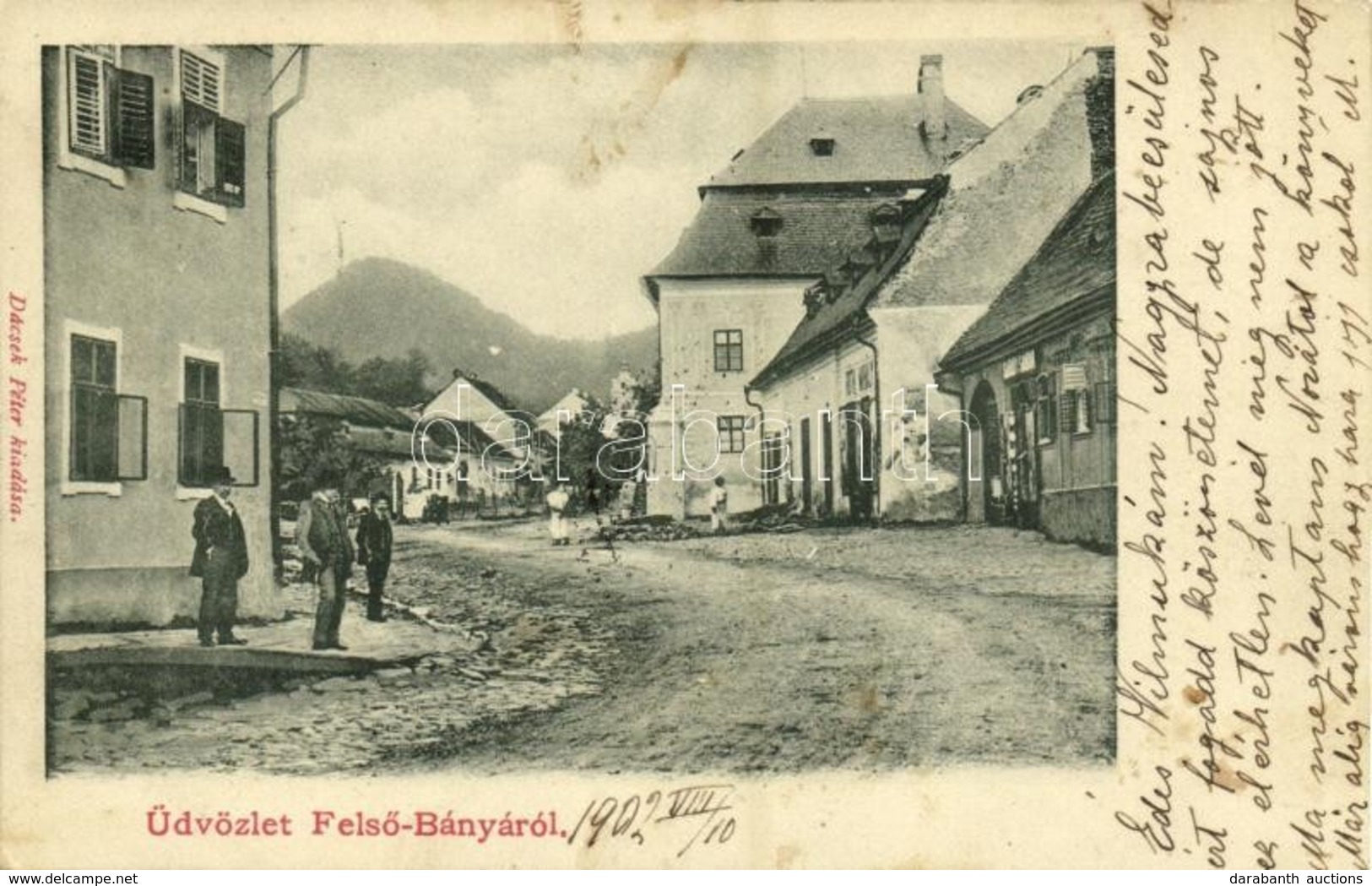 T2/T3 1902 Felsőbánya, Baia Sprie; Utca, Róth Mihály, Sárody Sándor üzlete. Kiadja Dacsek Péter / Street View, Shops (fl - Ohne Zuordnung