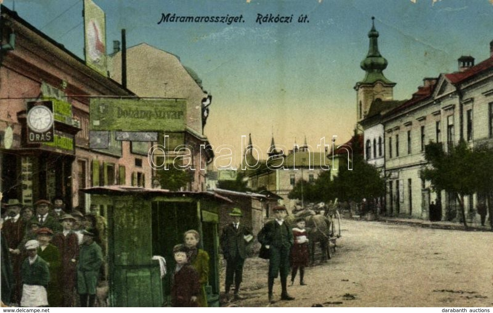 T3 Máramarossziget, Sighetu Marmatiei; Rákóczi út, Dohány és Szivar és órás üzlet / Street View With Shops  (fa) - Ohne Zuordnung