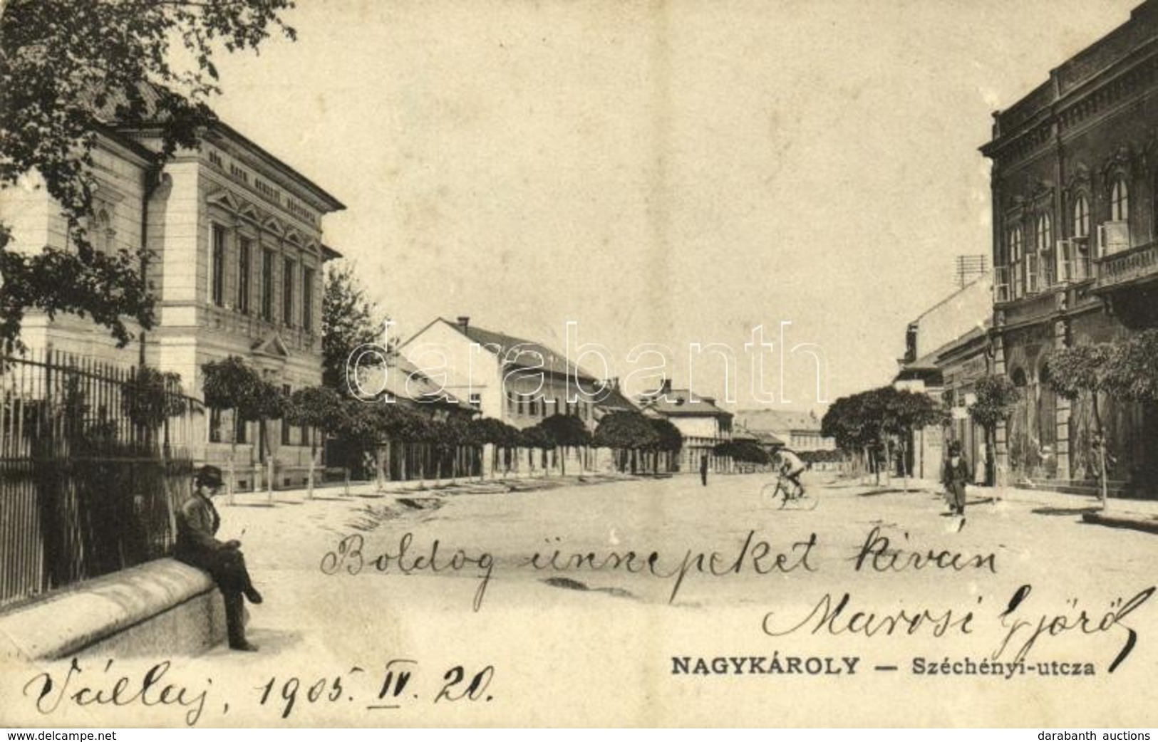 T2/T3 1905 Nagykároly, Carei; Széchenyi Utca, Római Katolikus Nemzeti Népiskola, Spitz Mór üzlete / Street, School, Shop - Unclassified