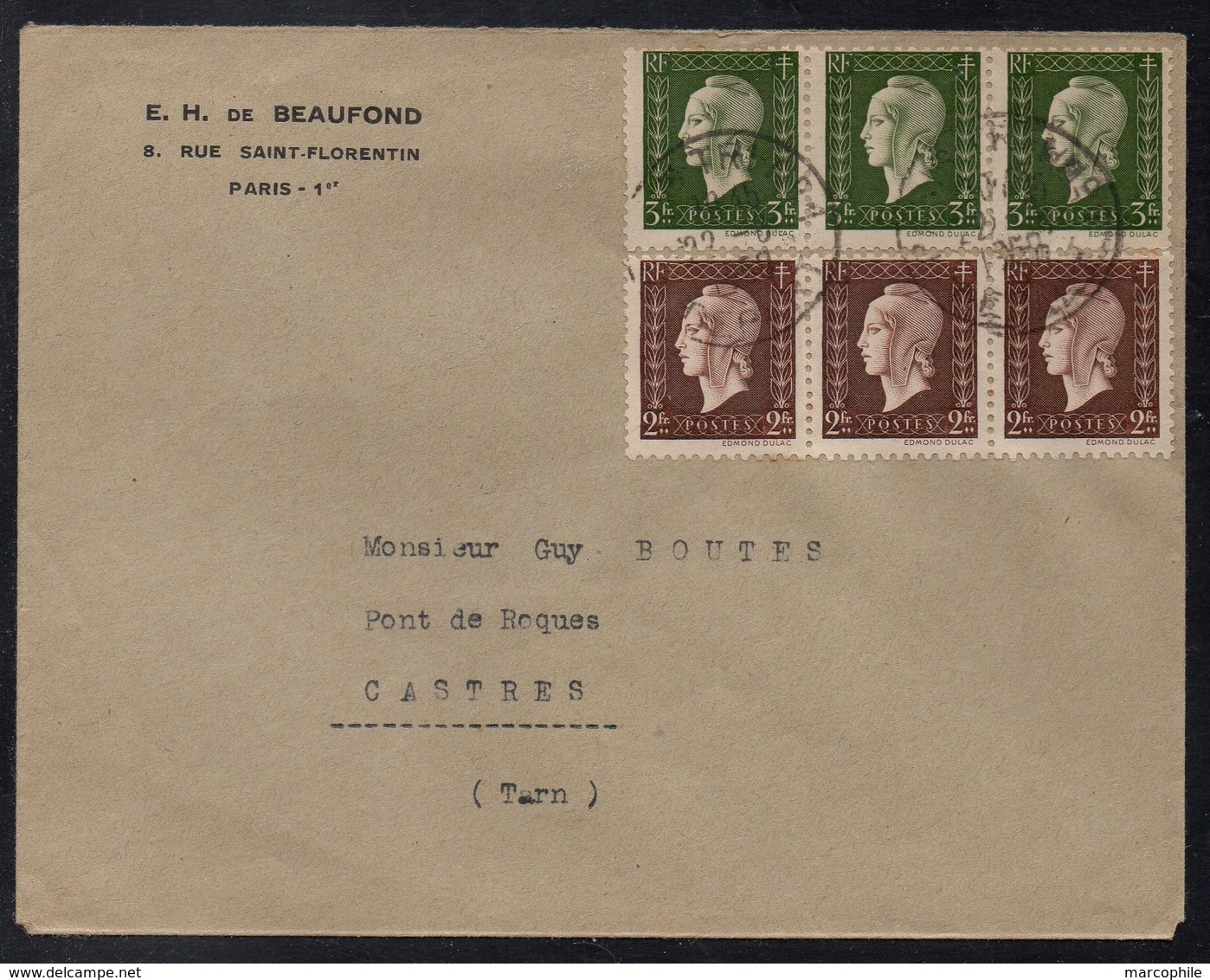 MARIANNE DE DULAC / 1950 LETTRE DE PARIS POUR CASTRES (ref LE3811) - 1944-45 Marianna Di Dulac