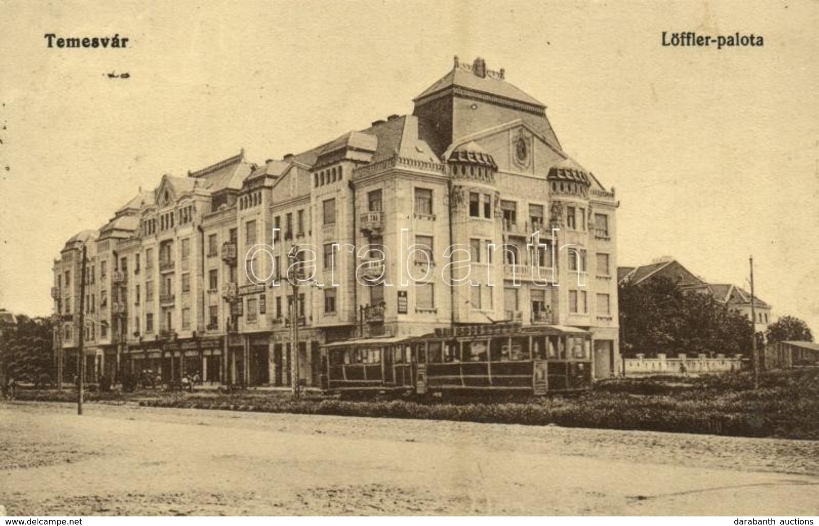 T2 1915 Temesvár, Timisoara; Löffler Palota, Villamos, Duna Biztosító, üzletek. Kiadja Polatsek / Tenement Palace, Tram, - Unclassified