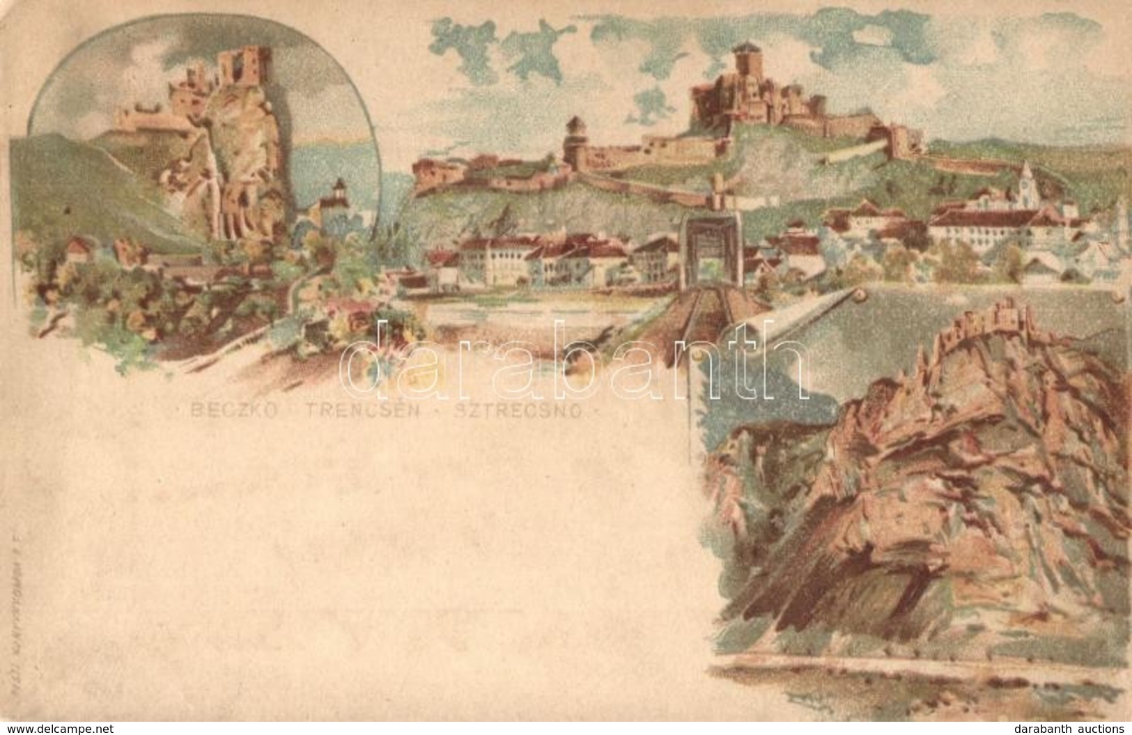 ** T2/T3 Beckó, Trencsén, Sztrecsnó Vár, Kastély / Beckov, Trencín, Strecno Castles. Art Nouveau, Litho. S: Kimnach + Ba - Sonstige & Ohne Zuordnung