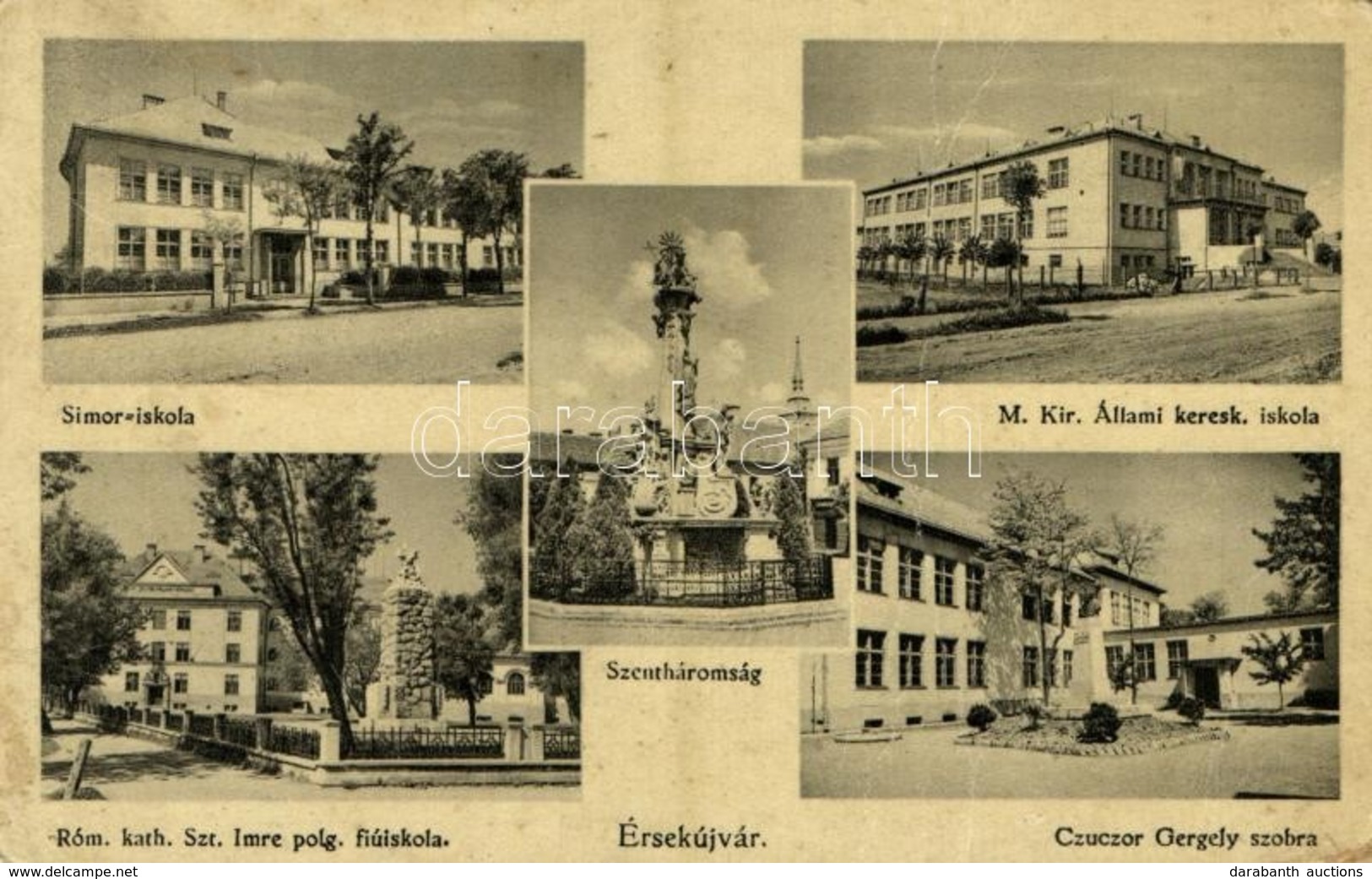 * T3/T4 Érsekújvár, Nové Zámky; Simor Iskola, Szentháromság Szobor, M. Kir. Állami Kereskedelmi Iskola, Római Katolikus  - Other & Unclassified