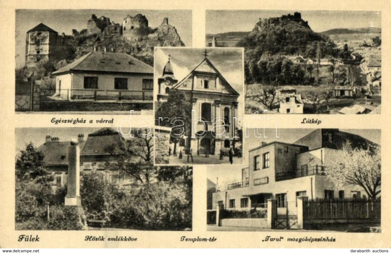 ** T1/T2 Fülek, Filakovo; Egészségház, Vár, Hősök Emlékköve, Turul Mozgóképszínház, Mozi / Health House, Castle, Monumen - Other & Unclassified