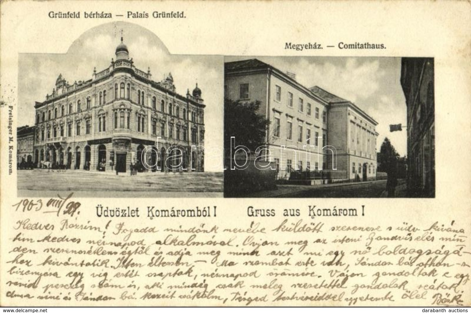 * T2/T3 1903 Komárom, Komárno; Grünfeld Bérháza, Stettler Ignác üzlete, Vármegyeháza. Kiadja Freisinger M. / Tenement Ho - Other & Unclassified