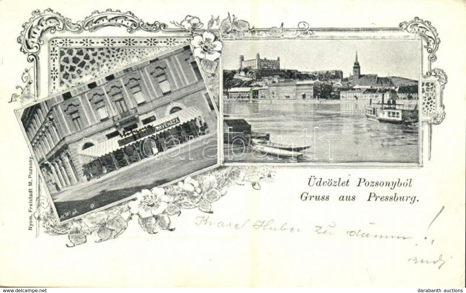 T2/T3 1899 Pozsony, Pressburg, Bratislava; Biringer Károly Kávéháza, Duna és Vár. Freistadt M. Nyomtatta / Café, Danube, - Sonstige & Ohne Zuordnung