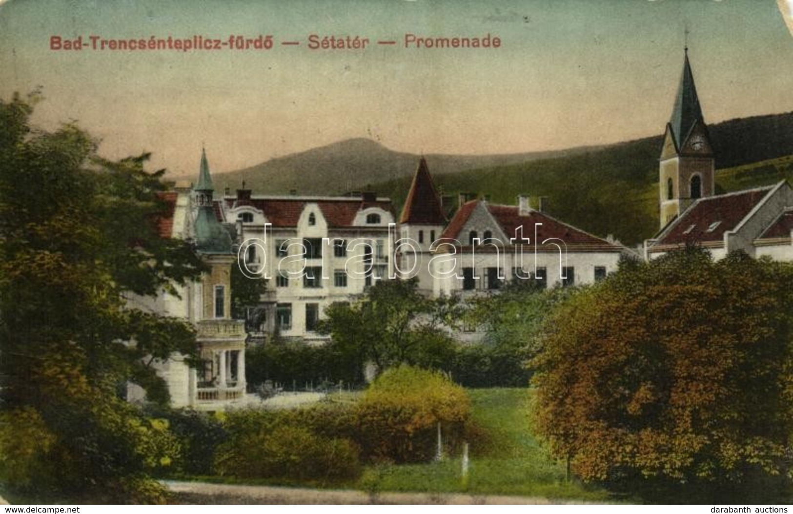 T4 1916 Trencsénteplic, Trencianske Teplice; Sétatér, Templom / Promenade, Church (EM) - Other & Unclassified
