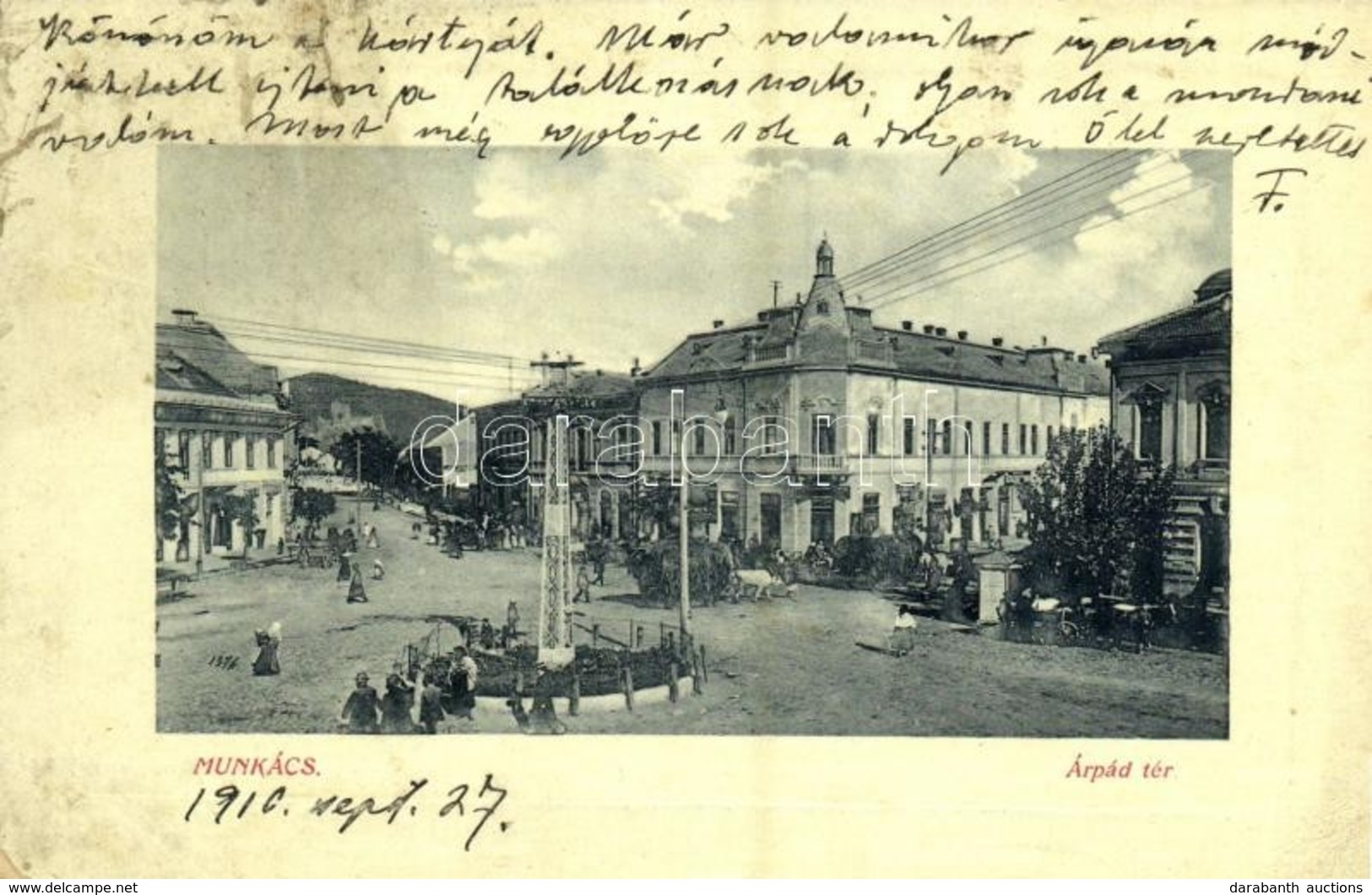 T2/T3 1910 Munkács, Mukacheve, Mukachevo, Mukacevo; Árpád Tér, Villanyoszlop, üzletek. W. L. Bp. 6244. / Square, Pylon,  - Unclassified