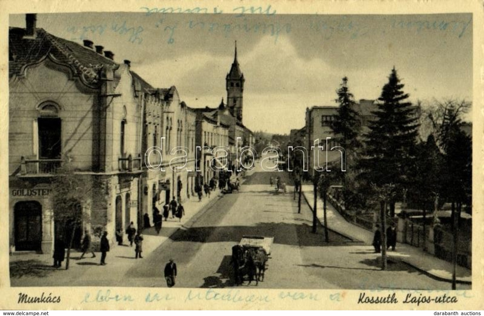 * T3 Munkács, Mukacheve, Mukachevo, Mukacevo; Kossuth Lajos Utca, Goldstein üzlete, Lovaskocsi / Street, Shop, Horse Car - Ohne Zuordnung