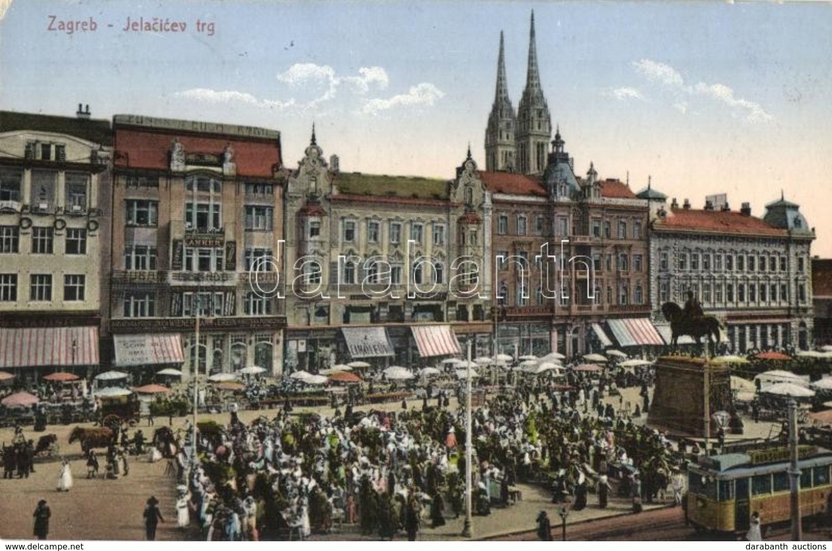 T2 1914 Zagreb, Zágráb; Jelacicev Trg / Jellasics Tér, Villamos 'Bensdorp Cacao' Kakaó Reklámmal, Piaci árusok, Bank, üz - Other & Unclassified