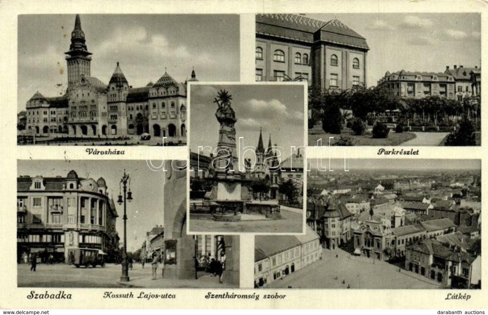 * T2/T3 Szabadka, Subotica; Szentháromság Szobor, Városháza, Park, Kossuth Lajos Utca / Trinity Statue, Town Hall, Park, - Ohne Zuordnung