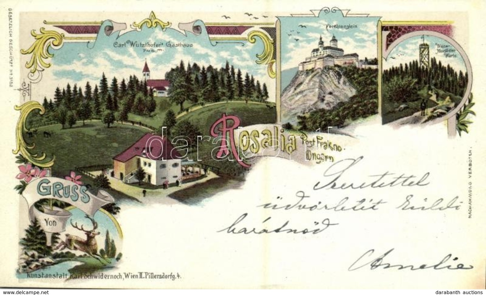 T2/T3 1898 Fraknó, Forchtenstein; Rozália-hegy, Carl Wutzlhofer Vendéglője, Vár, Bécsújhely Kilátó / Schloss, Gasthaus,  - Ohne Zuordnung