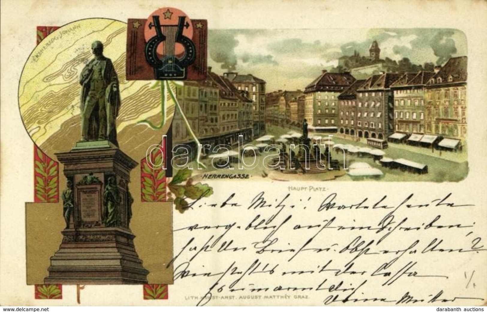 T2 1904 Graz, Hauptplatz, Erzherzog Johann. Art Nouveau, Litho. Lith. Kunst-Anst. August Matthéy - Sonstige & Ohne Zuordnung