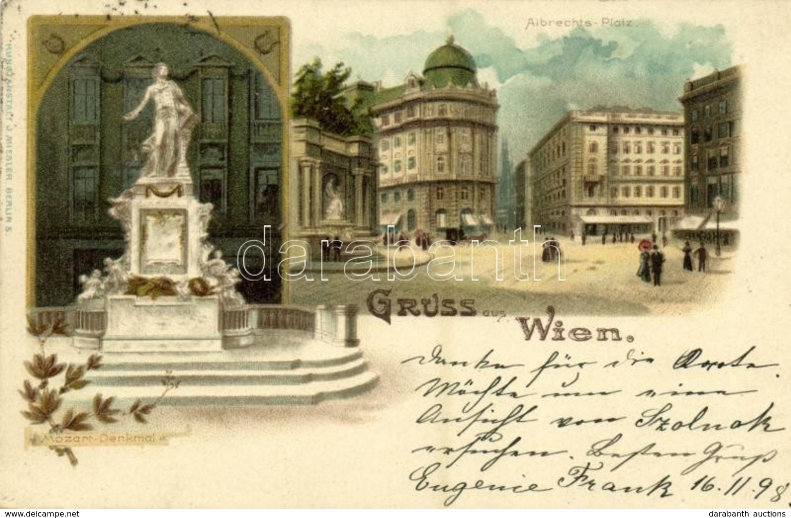 T2 1898 Wien, Vienna, Bécs; Albrechts-Platz, Mozart-Denkmal / Square, Monument. Kunstanstalt J. Miesler Art Nouveau, Flo - Other & Unclassified