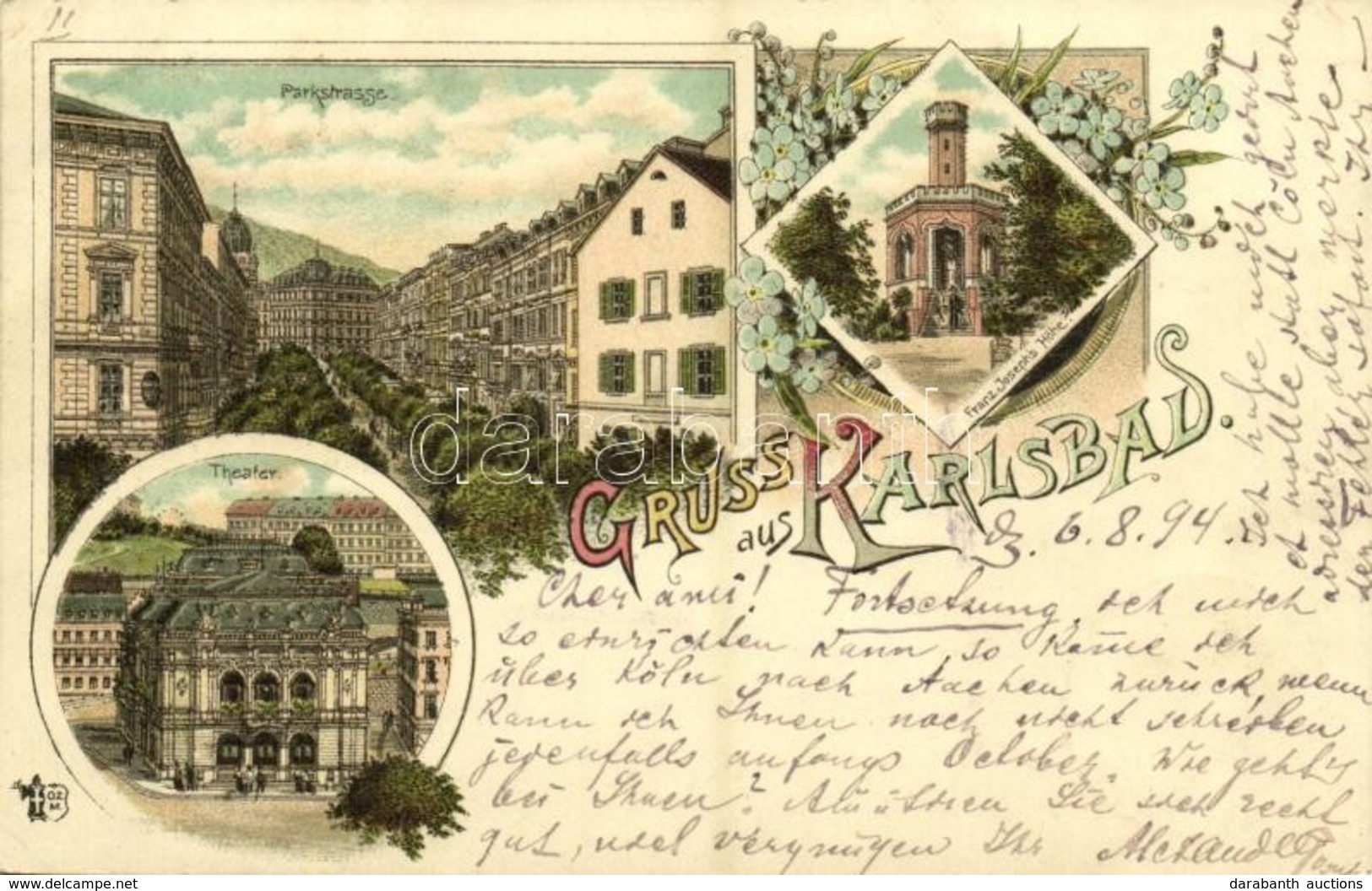 T2 1894 Karlovy Vary, Karlsbad; Parkstrasse, Theater, Franz Joseph's Höhe / Promenade, Theatre, Observation Tower, Art N - Ohne Zuordnung