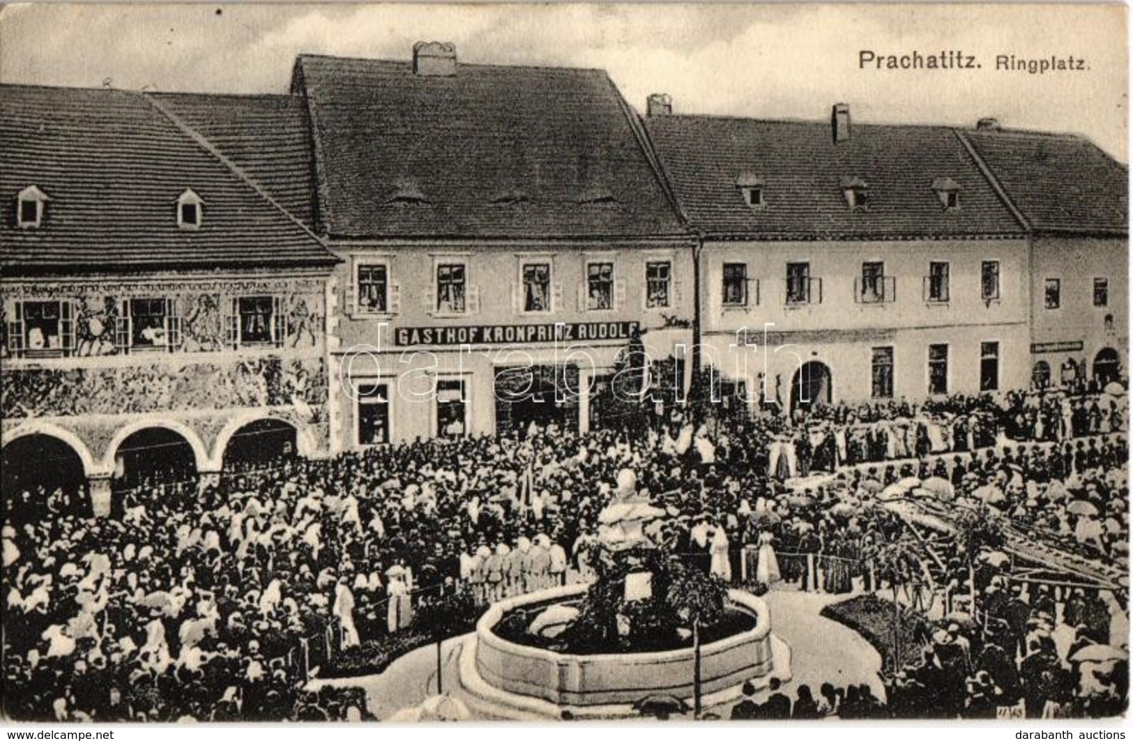 T2 1917 Prachatice, Prachatitz; Ringplatz, Gasthof Kronprinz Rudolf. Verlag J. Hirsch / Square, Inn, Crowd + K.u.K. Rese - Ohne Zuordnung