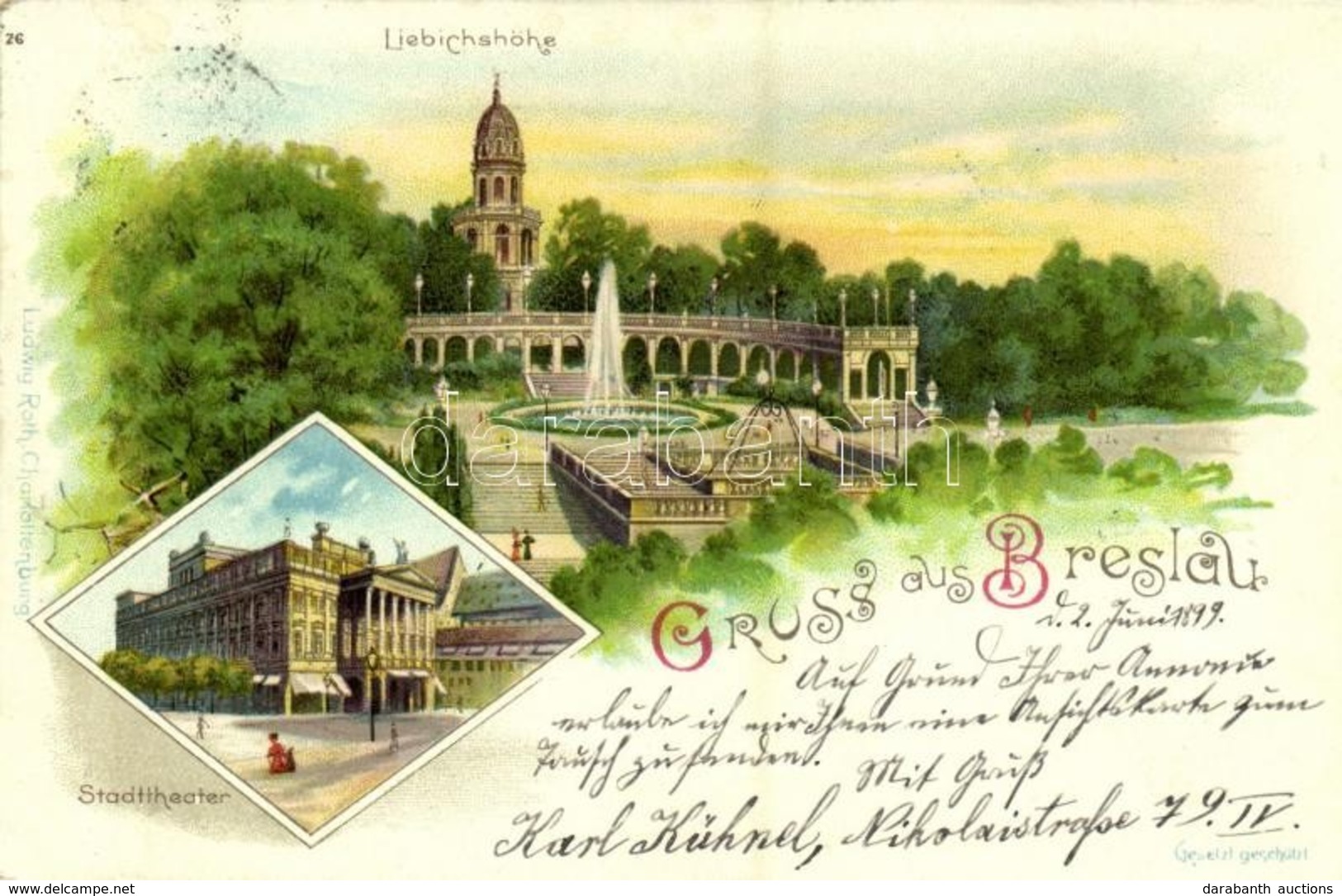 T2 1898 Wroclaw, Breslau;  Liebichshöhe, Stadttheater. Ludwig Roth  26. Art Nouveau, Litho - Sonstige & Ohne Zuordnung