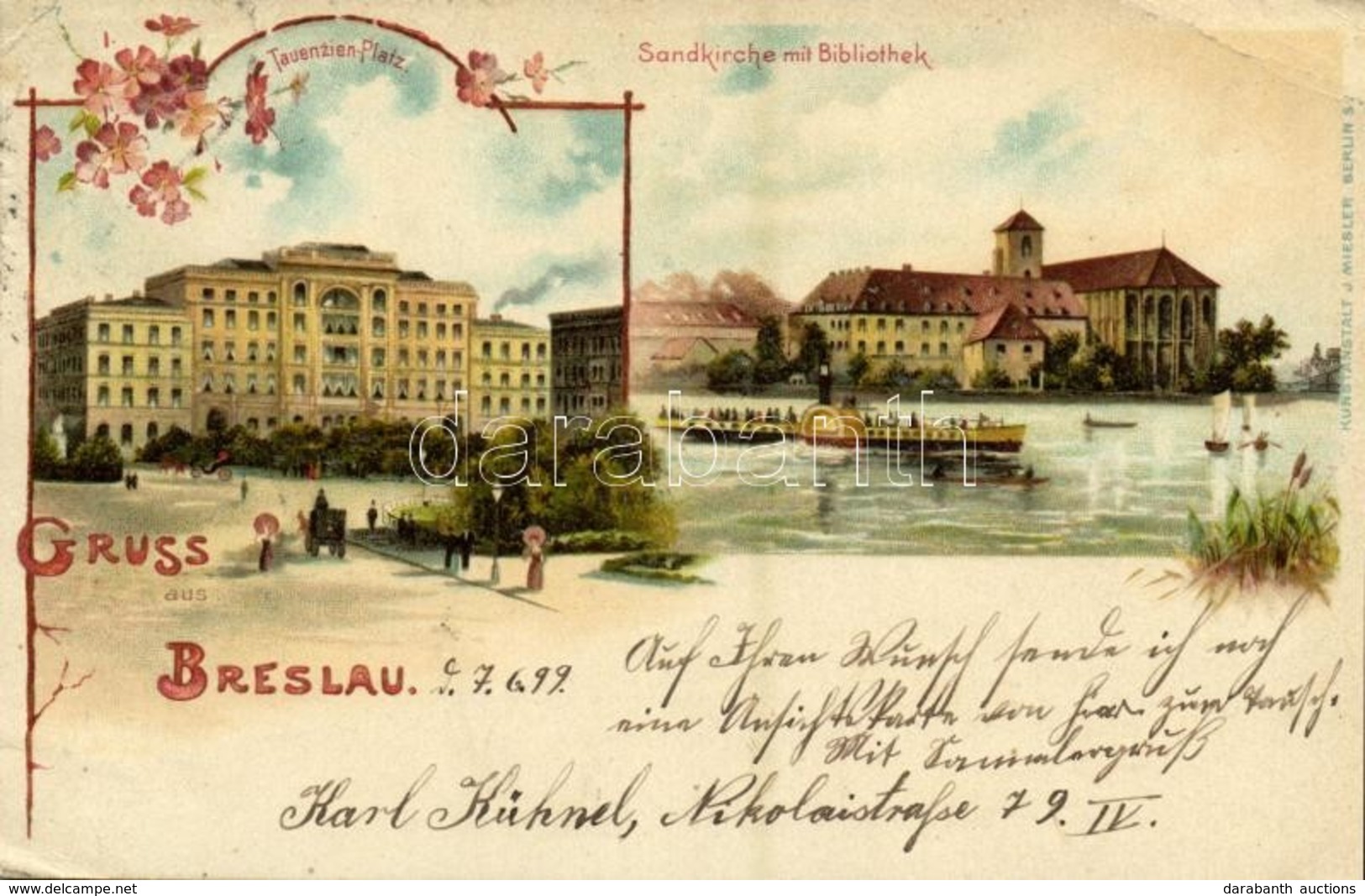 T3 1899 Wroclaw, Breslau;  Tauenzien-Platz, Sandkirche Mit Bibliothek / Square, Church, Library, Steamship. Kunstanstalt - Other & Unclassified
