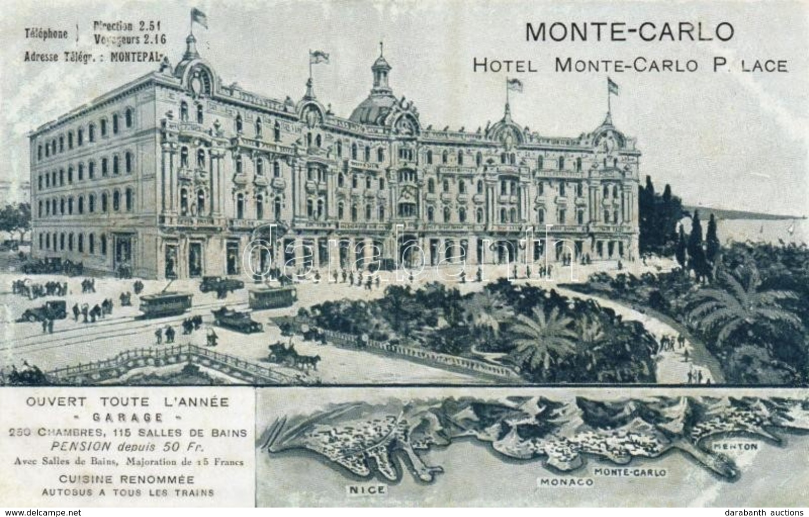 ** T1/T2 Monte-Carlo, Hotel Monte-Carlo Palace / Hotel, Trams, Automobiles, Map, Advertisement - Sonstige & Ohne Zuordnung