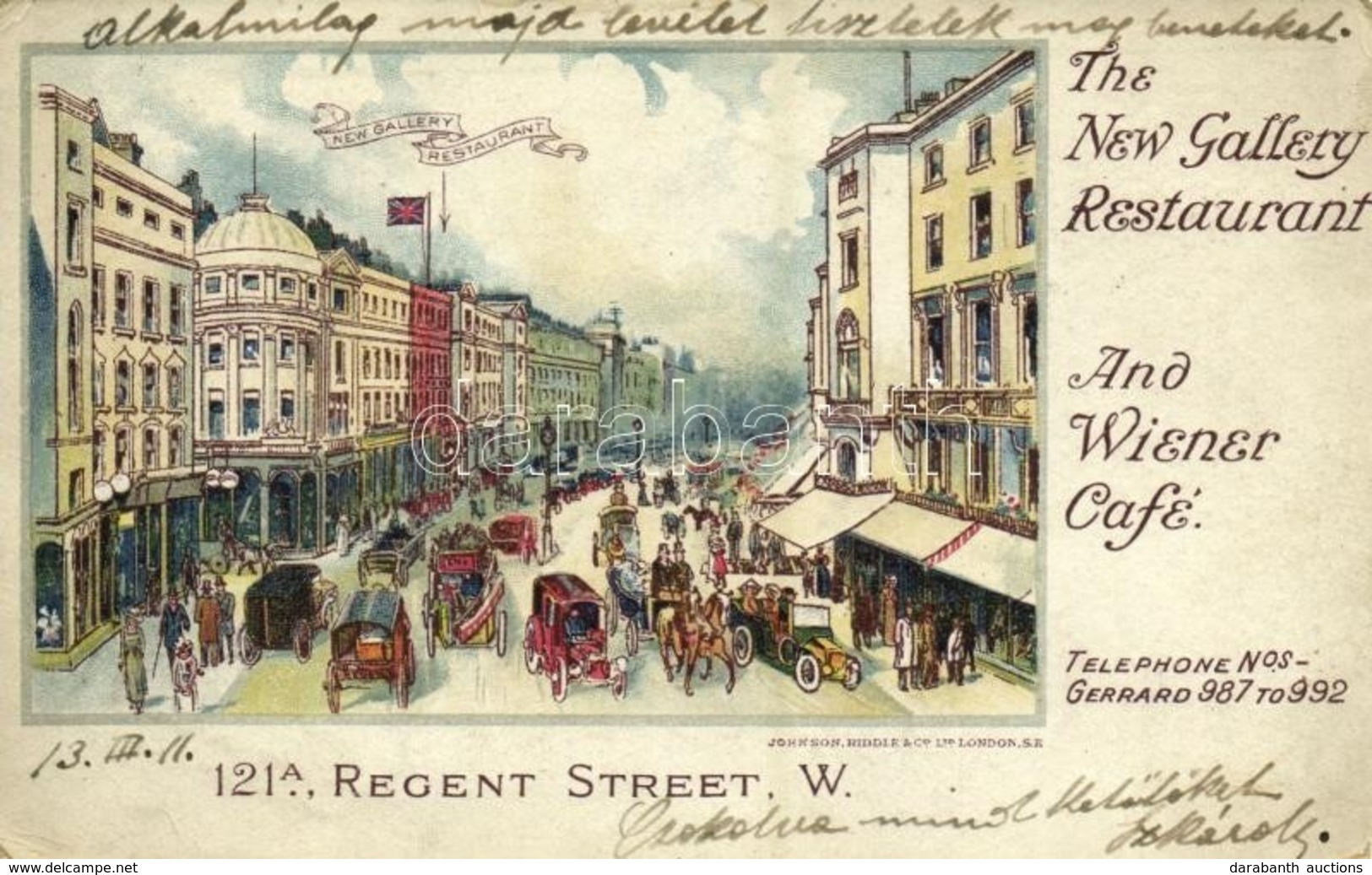 T2/T3 1911 The New Gallery Restaurant And Wiener Cafe On 121 Regent Street W. Johnson Riddle & Co. Litho  (worn Corners) - Other & Unclassified