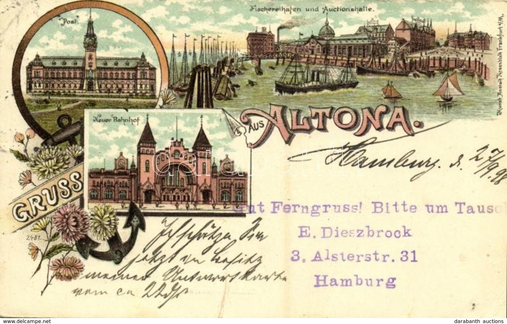 T3 1898 Altona (Hamburg), Post, Fischereihafen Und Auctionshalle, Neuer Bahnhof / Post Office, Fishing Port, Auction Hal - Ohne Zuordnung