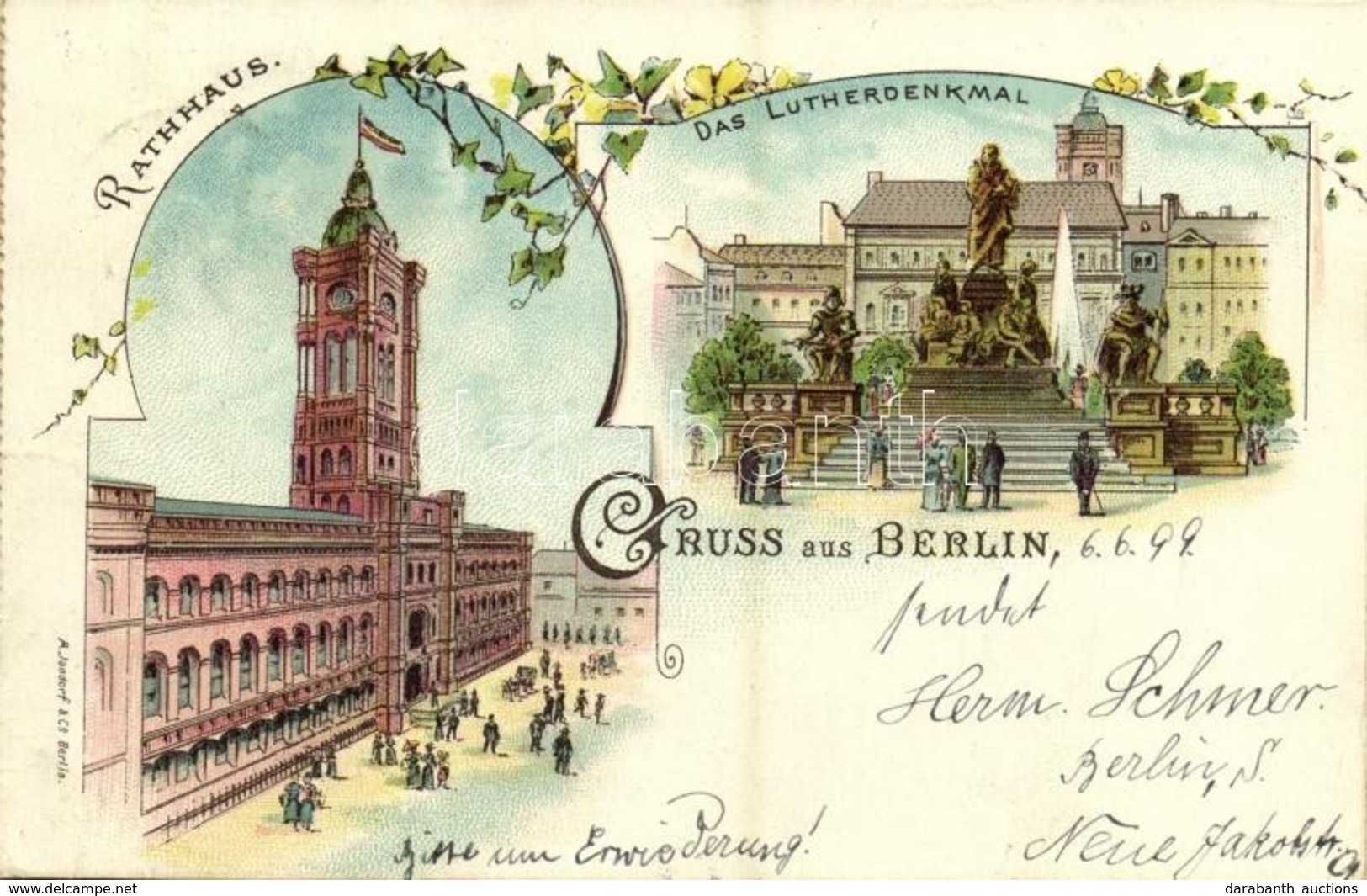 * T2/T3 1899 Berlin, Rathaus, Das Lutherdenkmal / Town Hall, Luther Monument. A. Jandorf & Co. Art Nouveau, Floral, Lith - Ohne Zuordnung