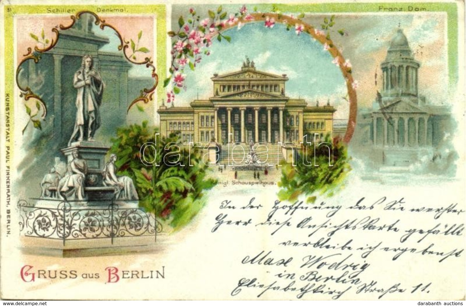 T2 1898 Berlin, Franz. Dom, Schiller Denkmal, Königl. Schauspielhaus / Cathedral, Monument, Theatre. Kunstanstalt Paul F - Unclassified