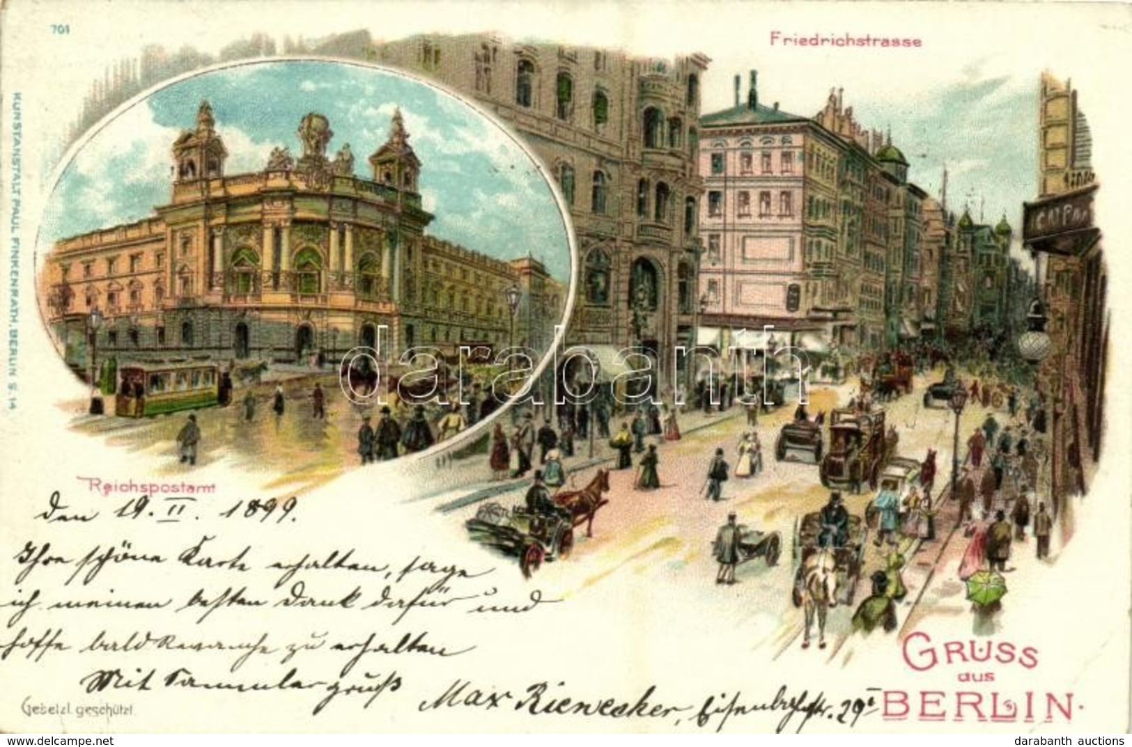 T2/T3 1899 Berlin, Friedrichstrasse, Reichspostamt / Street View, Tram, Post Office. Kunstanstalt Finkenrath 701. Art No - Ohne Zuordnung