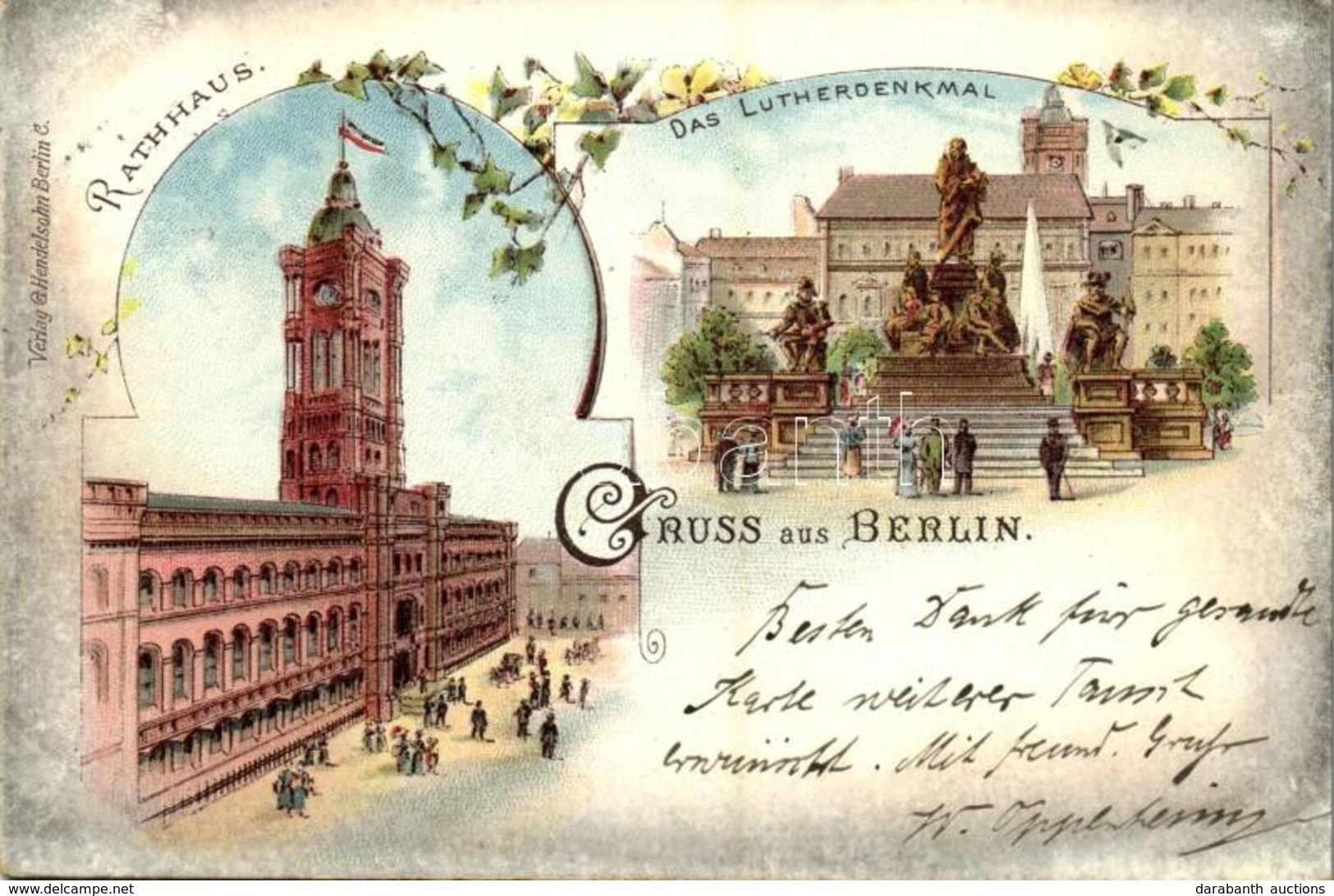 T2 1898 Berlin, Rathaus, Das Lutherdenkmal. Verlag G. Hendelsohn / Town Hall, Luther Monument. Art Nouveau, Floral, Lith - Unclassified