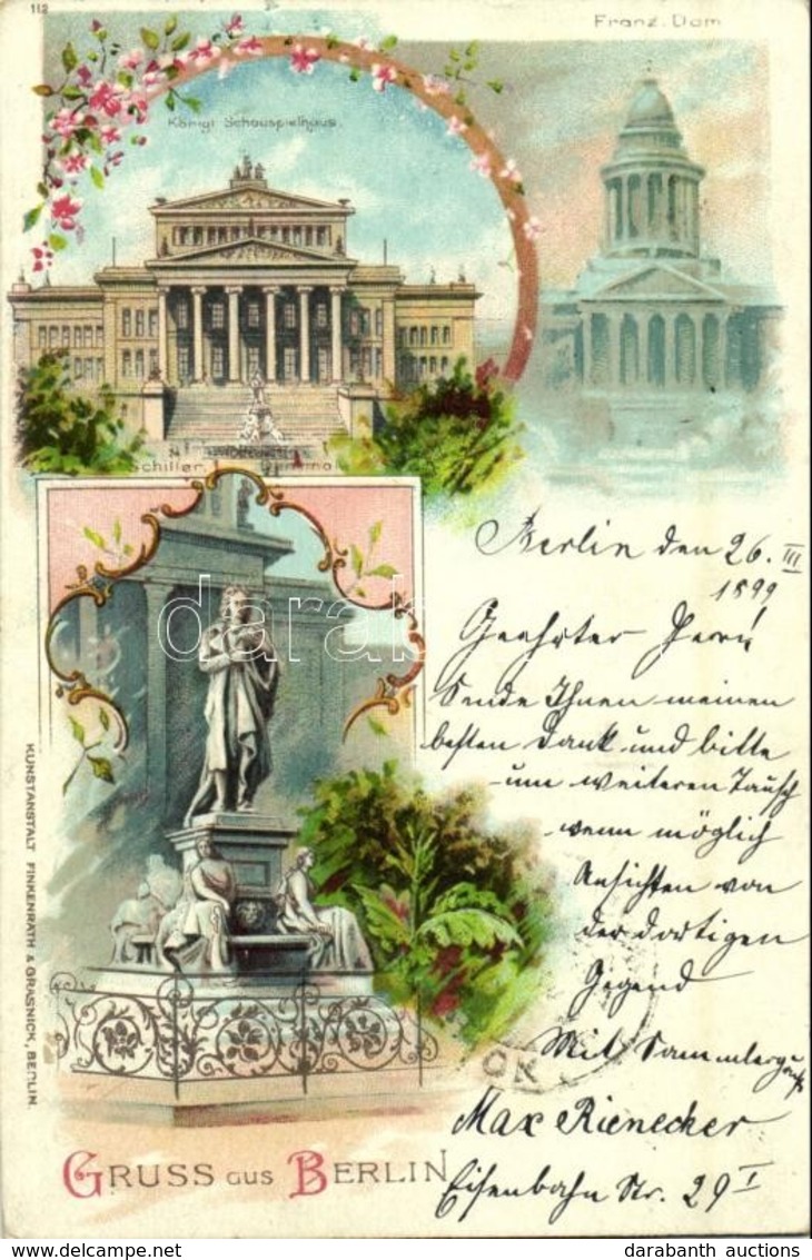 T2 1899 Berlin, Franz. Dom, Schiller Denkmal, Königl. Schauspielhaus / Cathedral, Monument, Theatre. Kunstanstalt Finken - Unclassified