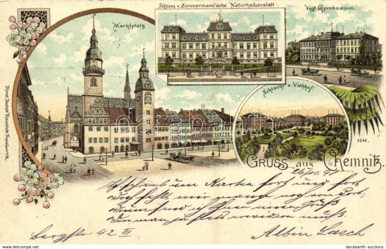 T2 1898 Chemnitz, Marktplatz, Stiftung V. Zimmermann'sche Naturheilanstalt, Kgl. Gymnasium, Schlacht U. Viehhof / Market - Ohne Zuordnung