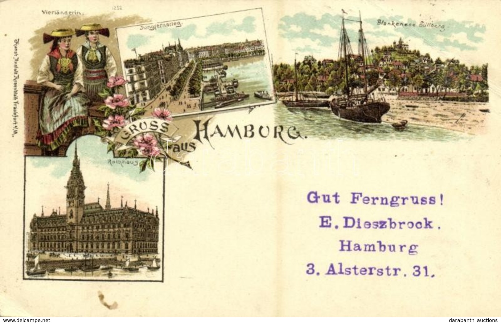 T3 1898 Hamburg, Jungfernstieg, Blankenese Süllberg, Rathaus, Vierländerin. Kunst. Anstalt Rosenblatt 1252. Art Nouveau, - Unclassified