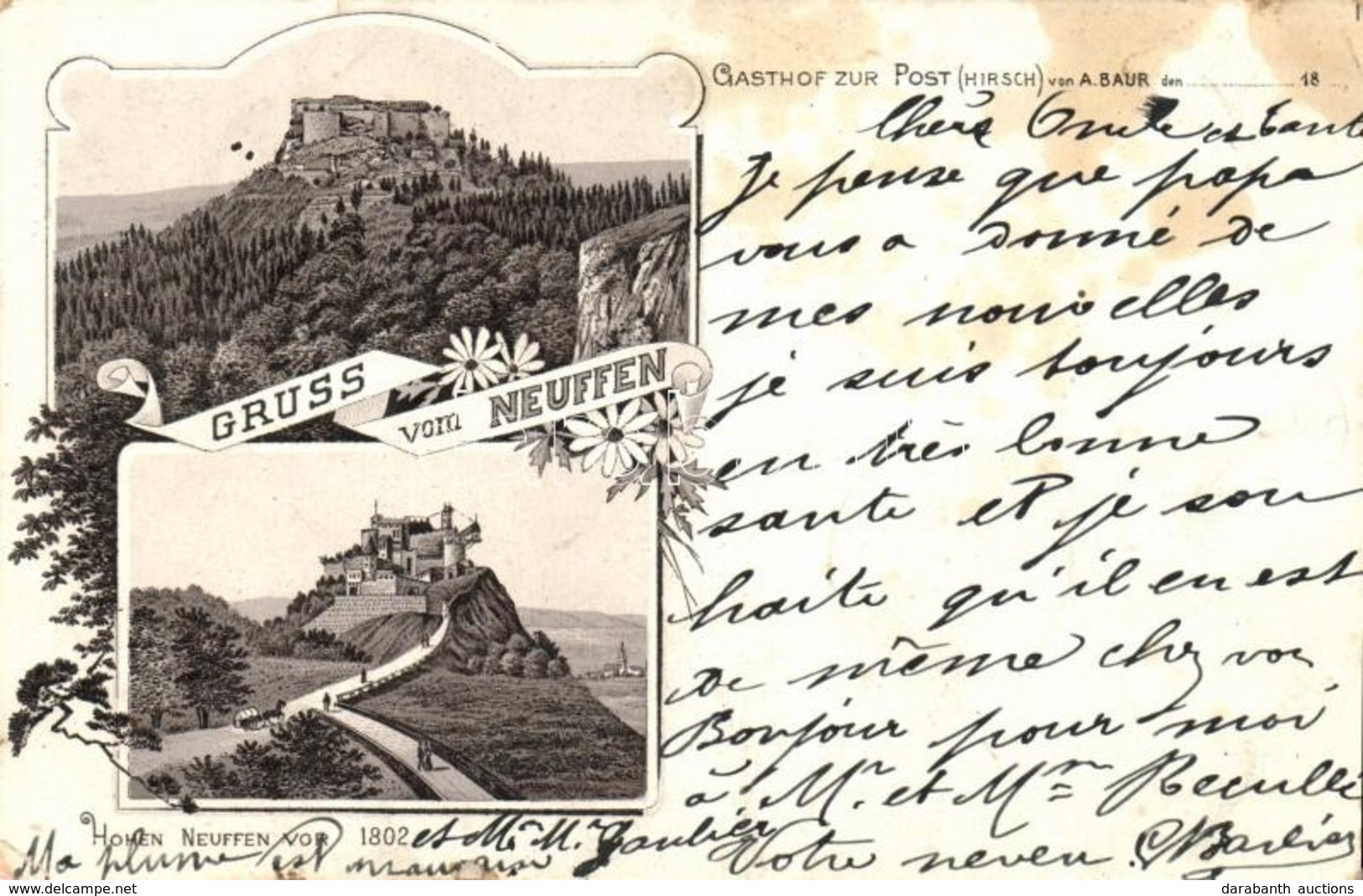 T3 1895 (!) Neuffen, Hohen-Neuffen Vor 1802 'Gruss Aus Neuffen' Gasthof Zur Post Von A. Baur; Floral Litho (EK) - Unclassified
