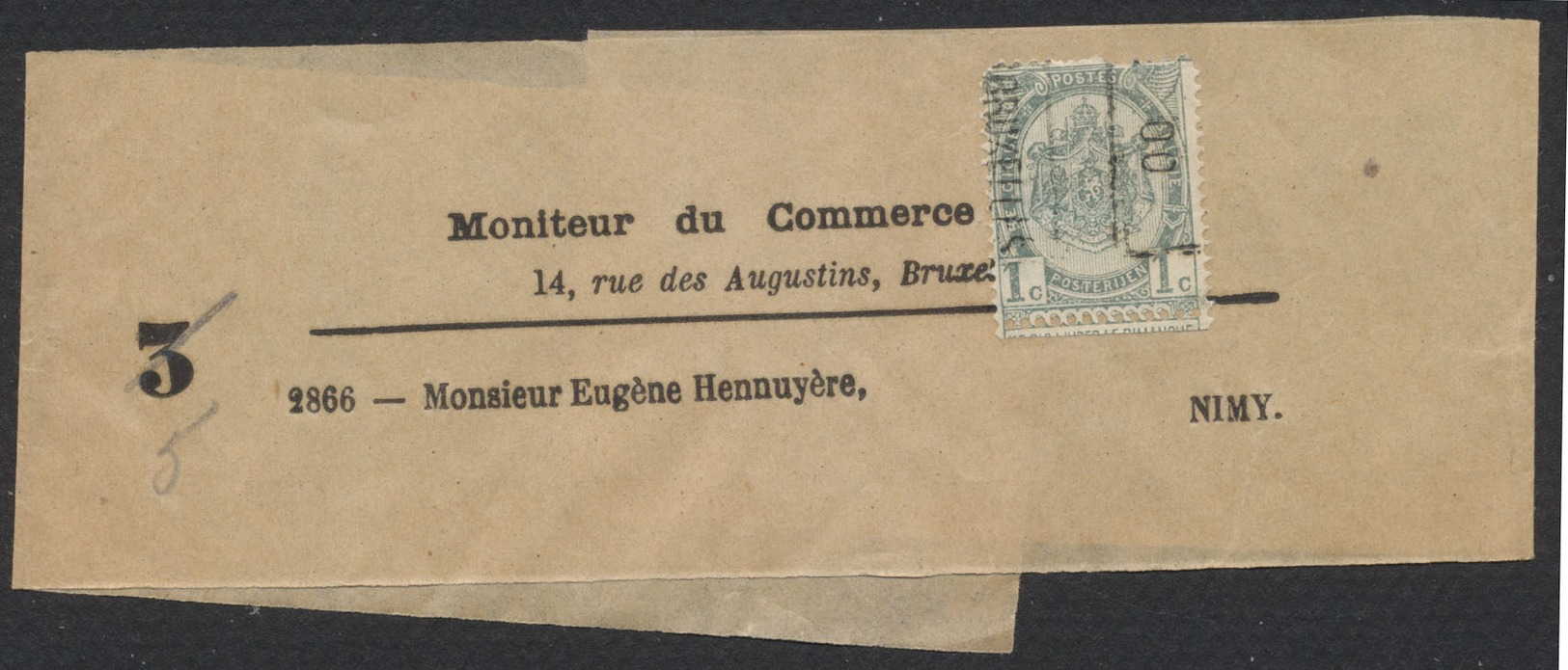 Fine Barbe - N°53 Préo Bruxelles 00 Sur Bande De Journal "Moniteur Du Commerce" Vers Nimy. - 1893-1900 Fijne Baard