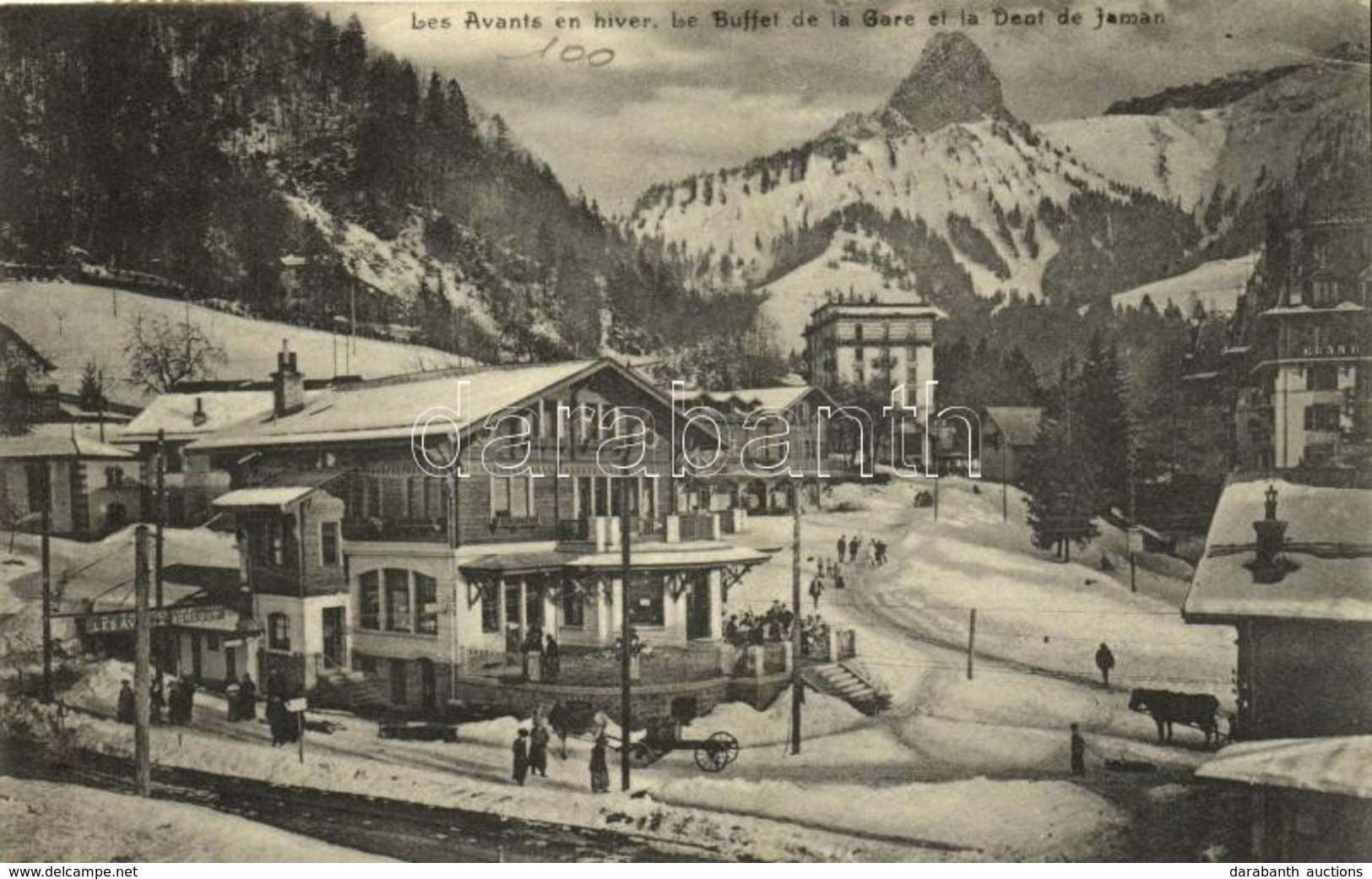 T1/T2 1914 Les Avants En Hiver, Le Buffet De La Gare Et La Dent De Jaman / Railway Station, Buffet, Mountain, Winter - Sonstige & Ohne Zuordnung