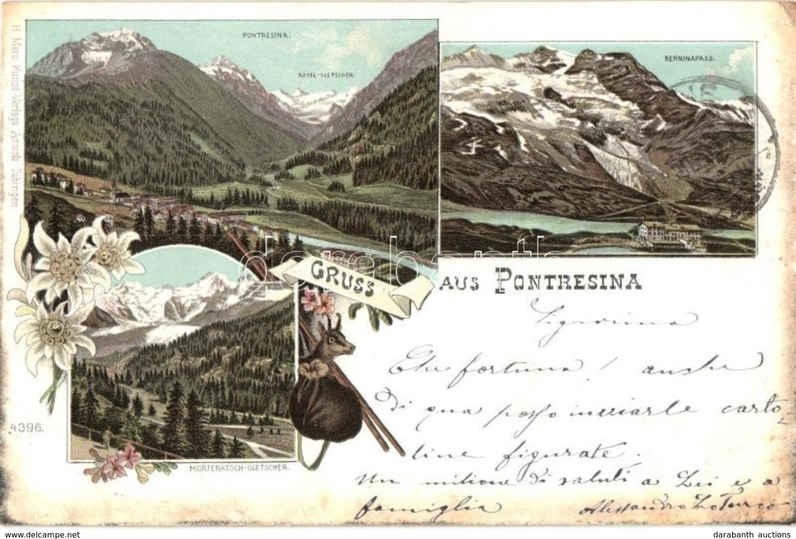 T2/T3 1897 Pontresina, Roseg-Gletscher, Berninapass, Morteratsch-Gletscher. H. Metz Kunst-Verlags 4396. Floral. Litho (E - Sonstige & Ohne Zuordnung