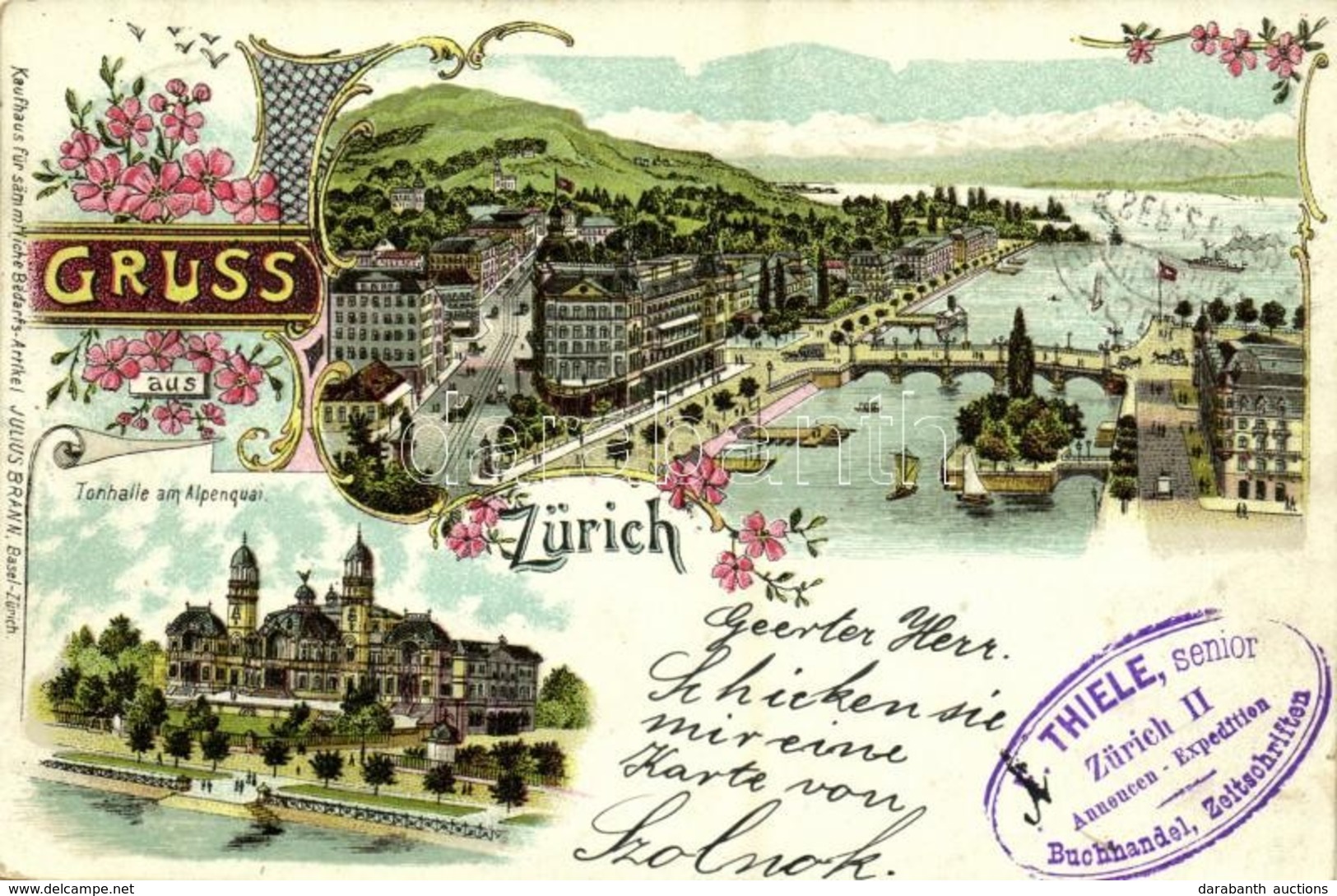 T2 1898 Zürich, Tonhalle Am Alpenquai / Concert Hall, Bridge, Tram. Julius Brann Art Nouveau, Floral, Litho - Other & Unclassified