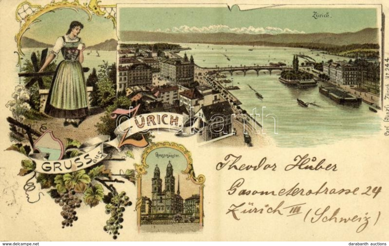 T2/T3 1898 Zürich, Grossmünster, Panorama / General View, Cathedral, Folklore, Bridge, Tram. Carl Künzli No. 244. Art No - Sonstige & Ohne Zuordnung