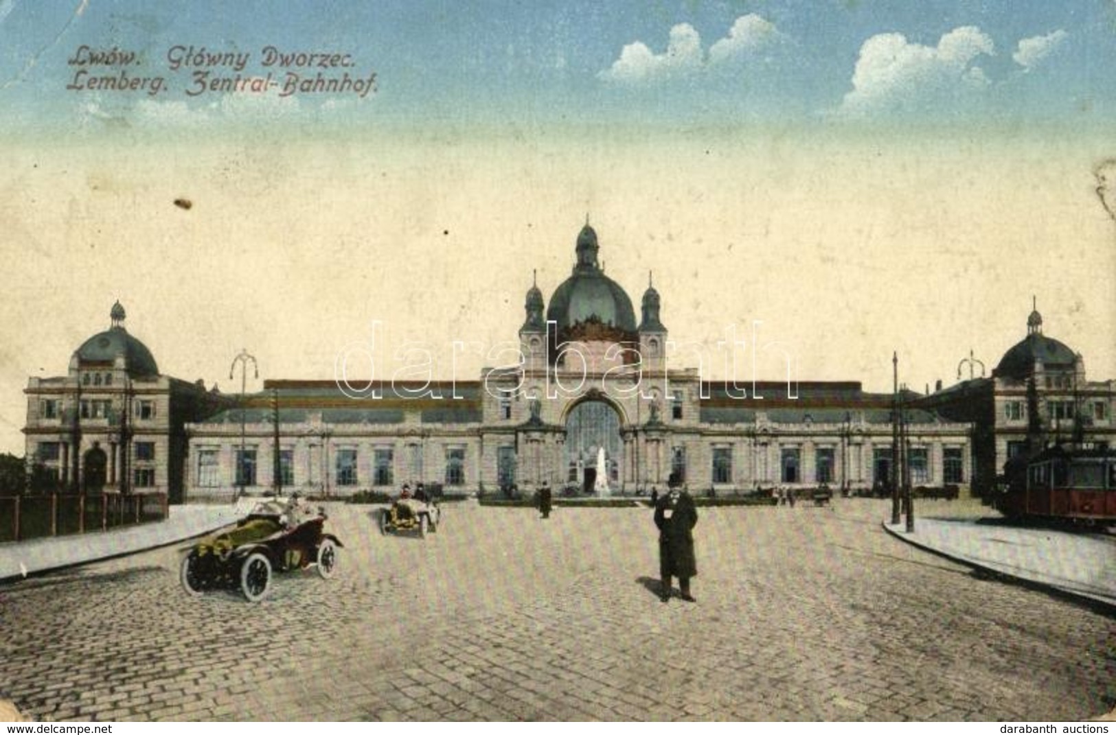 T3 1917 Lviv, Lwów, Lemberg; Glówny Dworzec / Zentral Bahnhof / Railway Station, Automobiles, Tram + 'K.u.K. Feldpostamt - Otros & Sin Clasificación