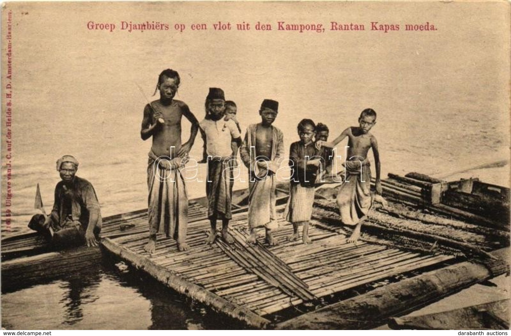 ** T1/T2 Groep Djambiers Op Een Vlot Uit Den Kampong, Rantan Kapas Moeda / Indonesian Boys Building A Raft, Folklore - Unclassified