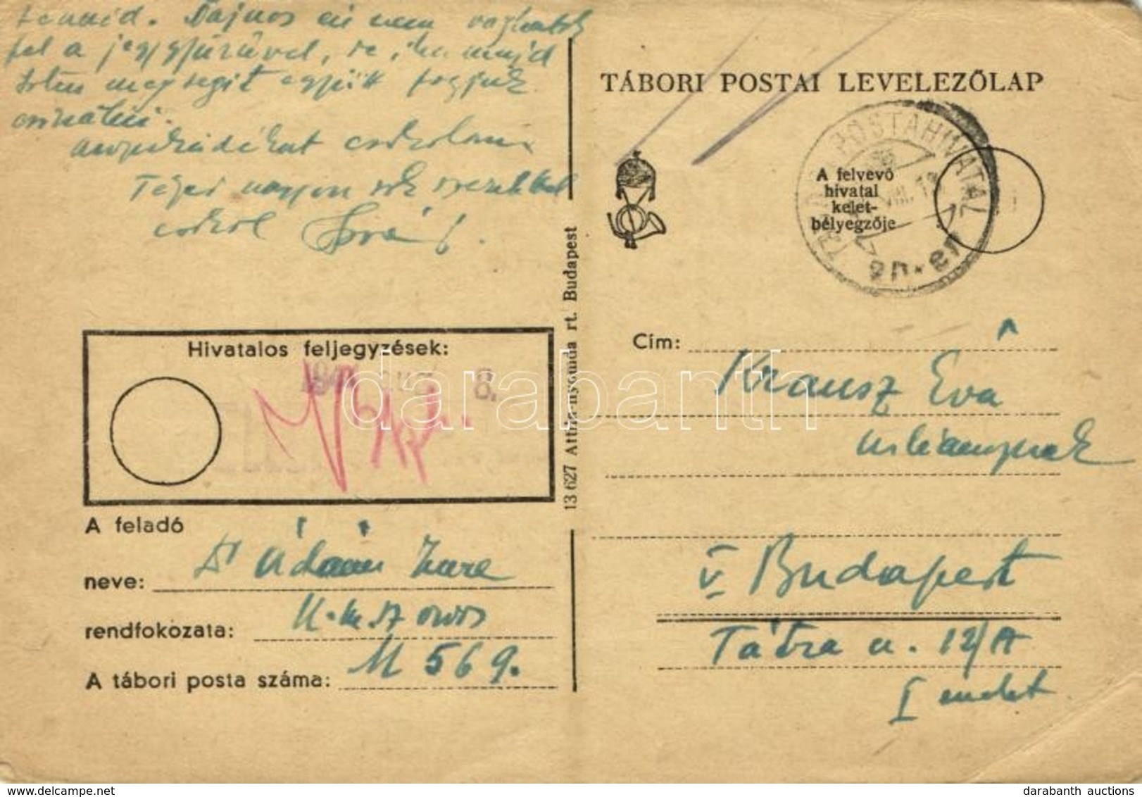 T3 1944 Dr. Ádám Imre U569 Zsidó KMSZ (közérdekű Munkaszolgálatos) Levele Szerelmének Krausz Évának / WWII Letter Of A J - Ohne Zuordnung