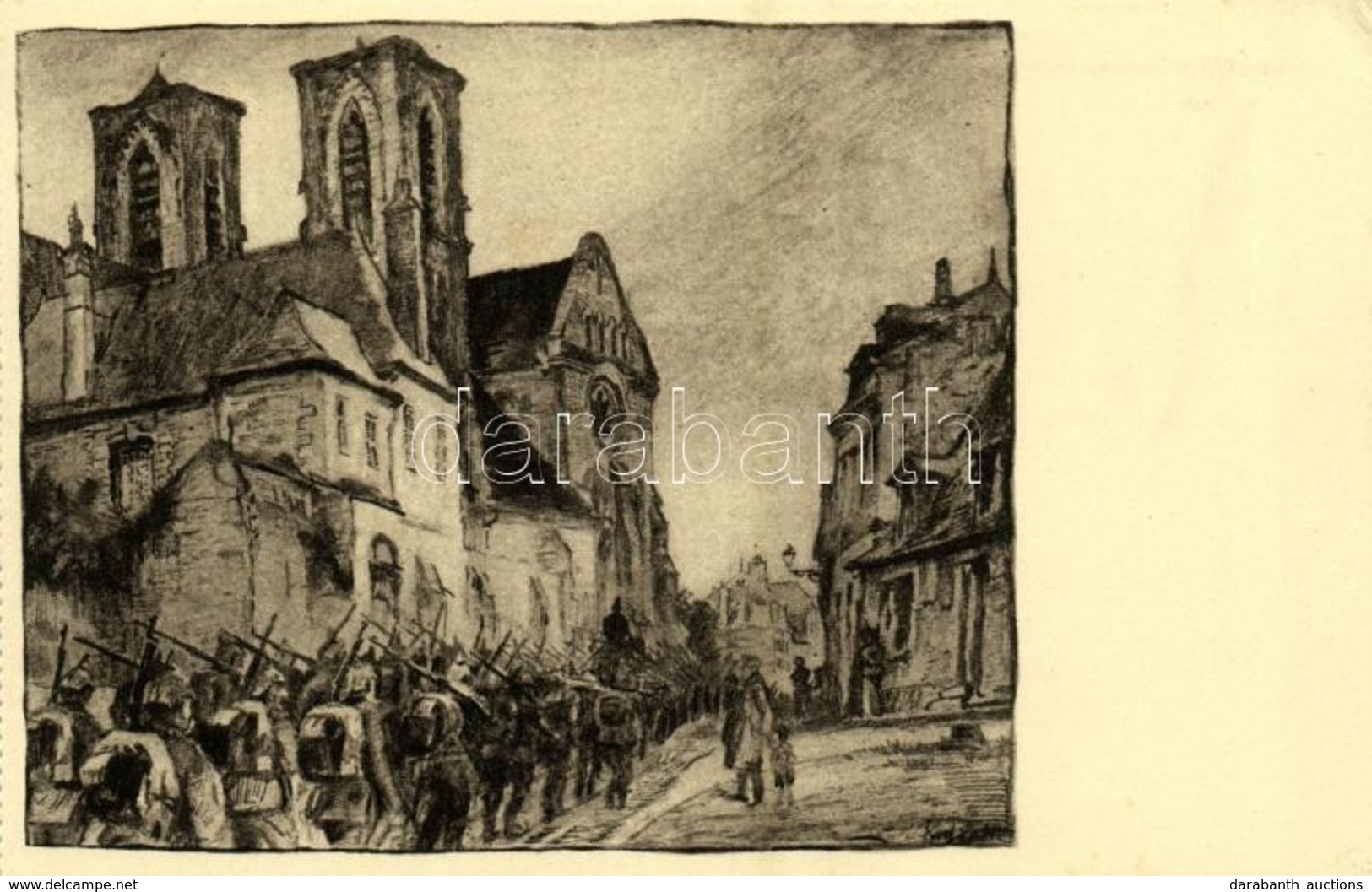 ** T2 Laon, Einmarsch Bei St. Martin / Invading German Troops At The Abbey Of St. Martin, WWI Military S: Karl Lotze - Unclassified