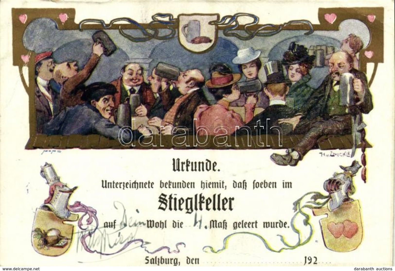 T2/T3 Urkunde, Stiegkeller Salzburg, Verlag U. Druck Von J. Huttegger / Restaurant Advertisement S: H. V. Zwickle (EK) - Unclassified
