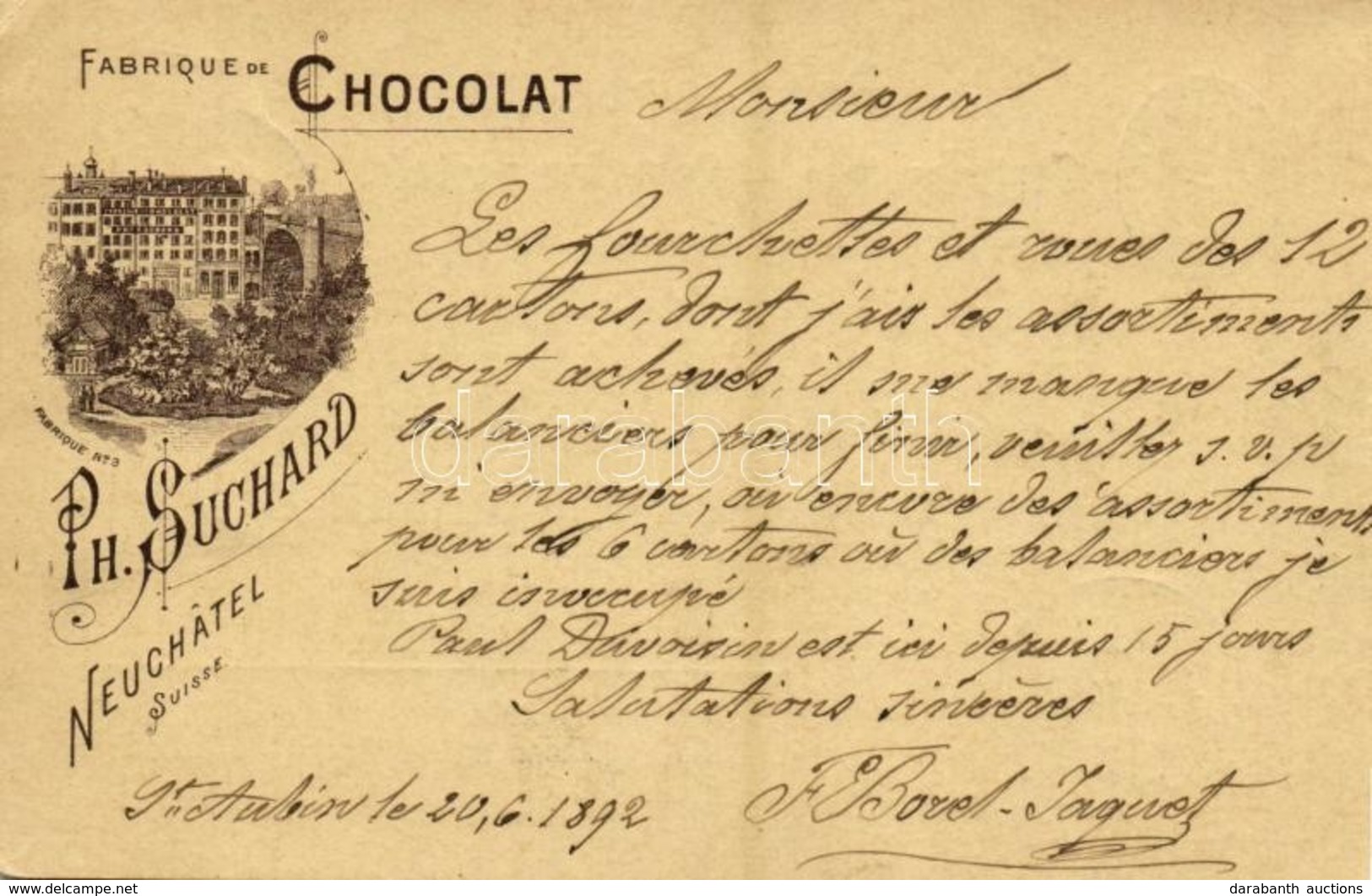 T2/T3 1892 (Vorläufer!) Fabrique De Chocolat Ph. Suchard (Neuchatel, Suisse) / Very Early Swiss Chocolate Factory Advert - Unclassified