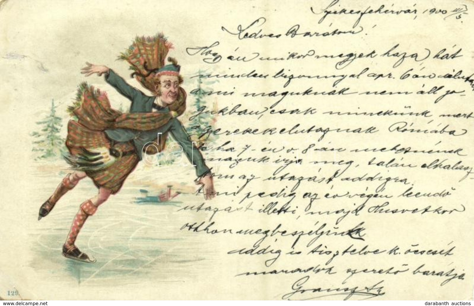 T2/T3 1900 Winter Sport Art Postcard. Scottish Man Ice Skating, Litho  (EB) - Unclassified