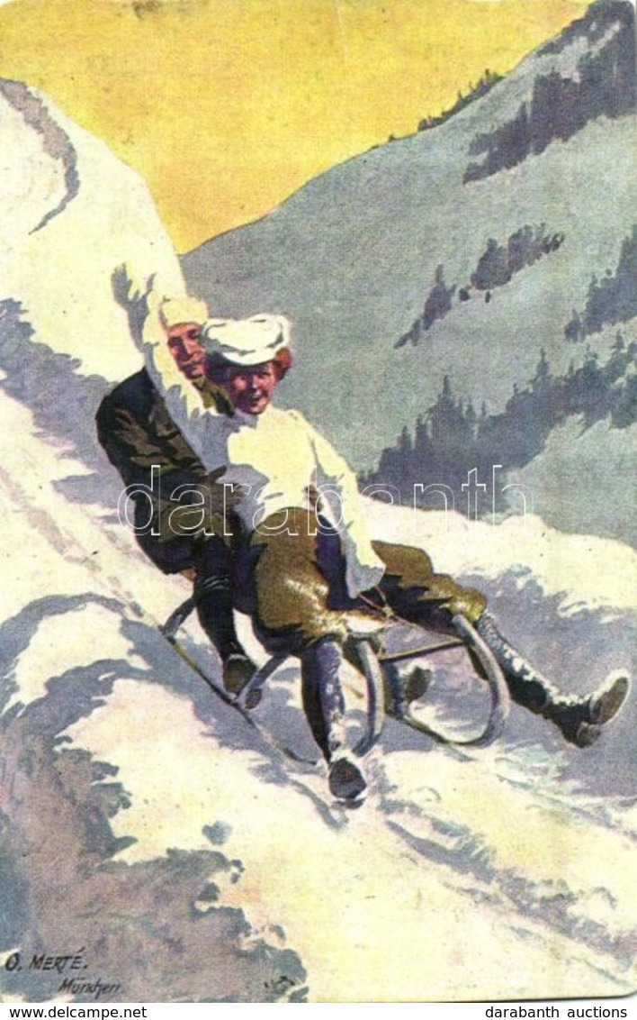 T2/T3 1915 Winter Sport Art Postcard. Sledding Couple S: O. Merté - Unclassified