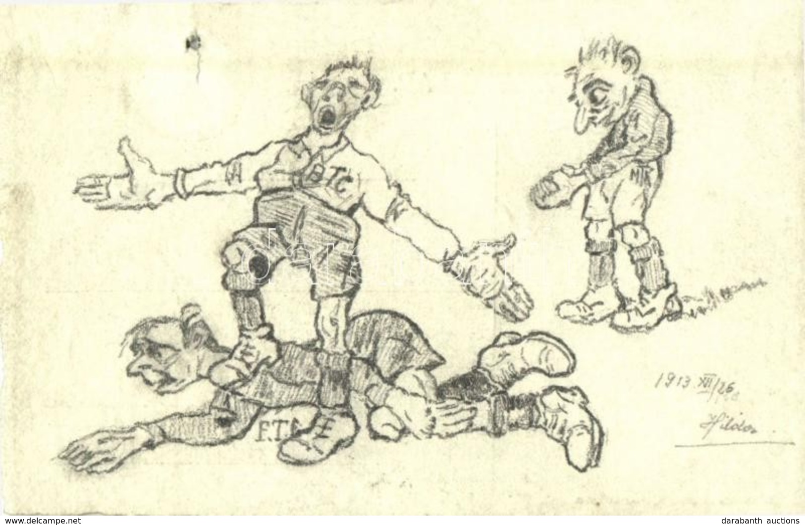 ** T4 1913 BTC és FTC Labdarúgó (foci) Meccs. Saját Kézzel Rajzolt / Hungarian Football Match. Hand-drawn Art S: Hilda ( - Sin Clasificación