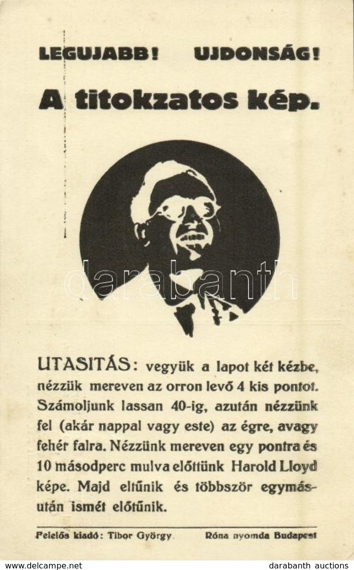 ** T2/T3 Legújabb! Újdonság! Titokzatos Kép. Harold Lloyd Amerikai Színész Optikai Illúziós Lapon. Weisz László Könyvköt - Ohne Zuordnung